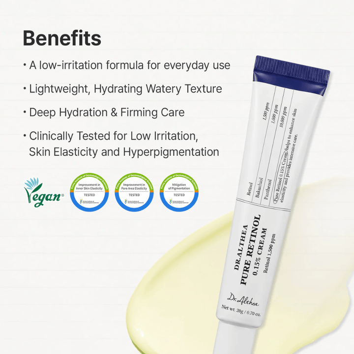 Image des bienfaits présentant les principales caractéristiques du produit. Sont ici mises en avant la formule faiblement irritante, la texture hydratante, l’effet raffermissant ainsi que les tests cliniques sur l’élasticité de la peau et la pigmentation. Le label végan et les résultats des tests sont clairement affichés avec le produit.