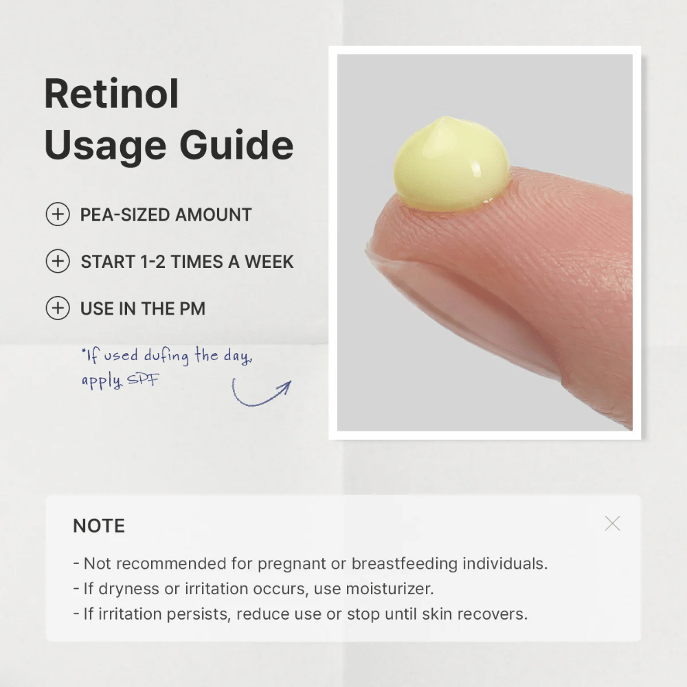 Image guide expliquant comment le rétinol doit être introduit dans la routine de soins de la peau. L’accent est mis sur l’utilisation d’une quantité de la taille d’un petit pois, en commençant 1 à 2 fois par semaine et en appliquant le soir. L’image contient également des informations importantes sur la prudence à observer en cas de grossesse, d’allaitement et d’éventuelle irritation.