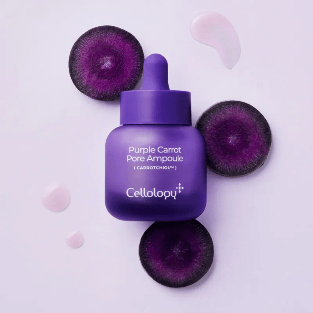 Cellology Purple Carrot Pore Ampoule avec carotte violette et Carrotchiol pour le soin des pores et une sensation de peau plus lisse.
