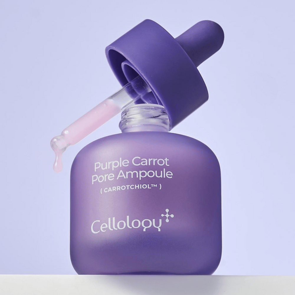 Cellology Purple Carrot Pore Ampoule avec pipette montrant la texture douce et crémeuse de l’ampoule.