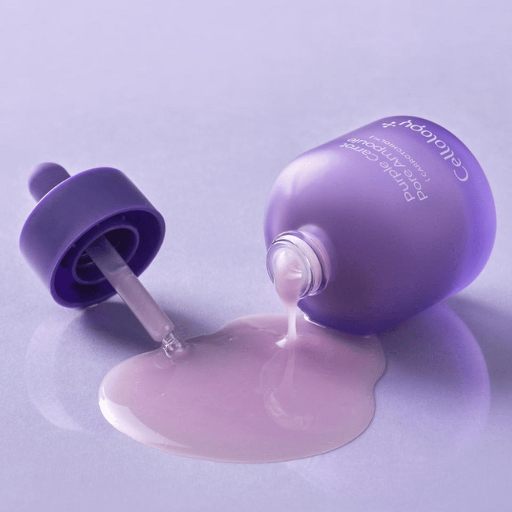 Cellology Purple Carrot Pore Ampoule avec pipette et texture de sérum crémeuse pour le soin des pores visibles.
