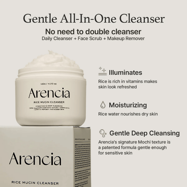 Arencia Rice Mucin Cleanser est présenté avec l'emballage. Le texte met en avant trois Avantages : : éclat avec des vitamines de riz, hydratation avec de l'eau de riz et nettoyage en profondeur doux avec une texture Mochi – tout en un produit.