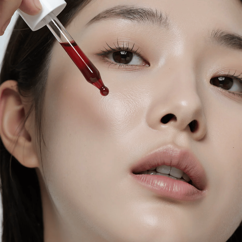 Gros plan d'une femme à la peau lisse appliquant Heimish RX AHA BHA 30% Peeling Serum avec une pipette, où une goutte rouge est sur le point de toucher sa joue.
