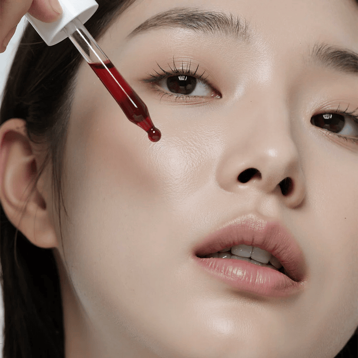 Gros plan d'une femme à la peau lisse appliquant Heimish RX AHA BHA 30% Peeling Serum avec une pipette, où une goutte rouge est sur le point de toucher sa joue.