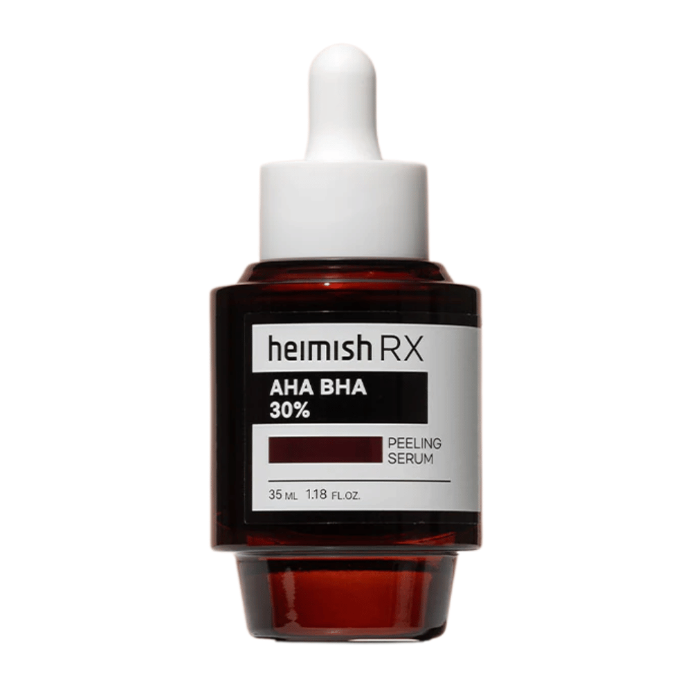Heimish RX AHA BHA 30% Peeling Serum dans une bouteille en verre rouge foncé avec pipette, conçu pour l'exfoliation et l'amélioration de la texture de la peau.