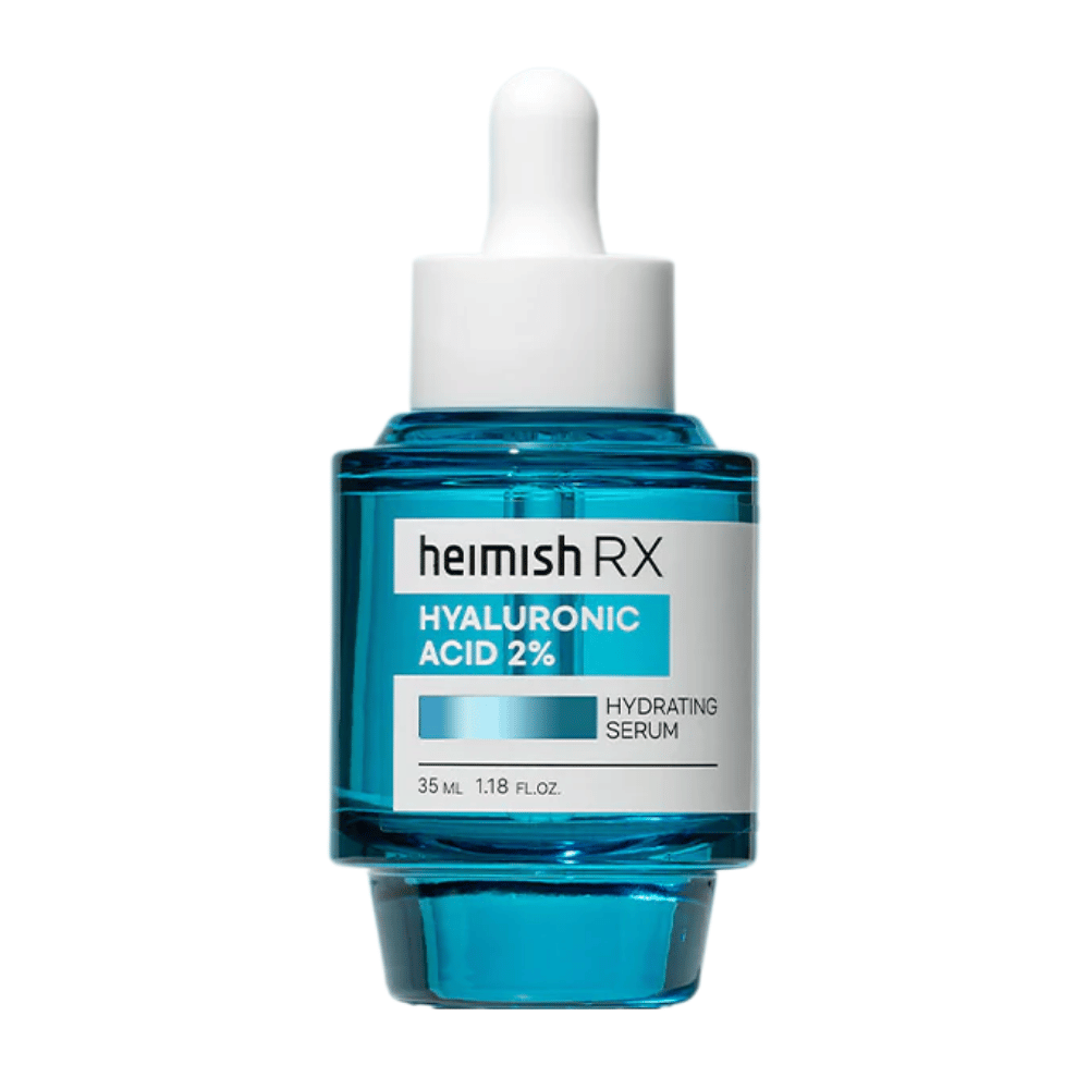 Heimish RX Hyaluronic Acid 2% Hydrating Serum dans une bouteille en verre bleue avec un bouchon à pipette, conçu pour une hydratation intense de la peau.