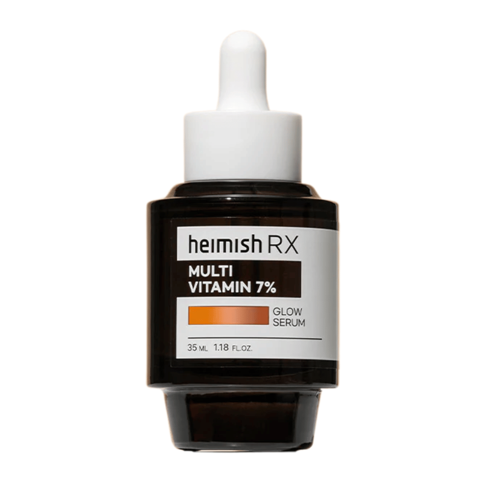 Heimish RX Multi Vitamin 7% Glow Serum dans une bouteille en verre foncé avec un bouchon pipette, conçu pour donner éclat et nutrition à la peau.