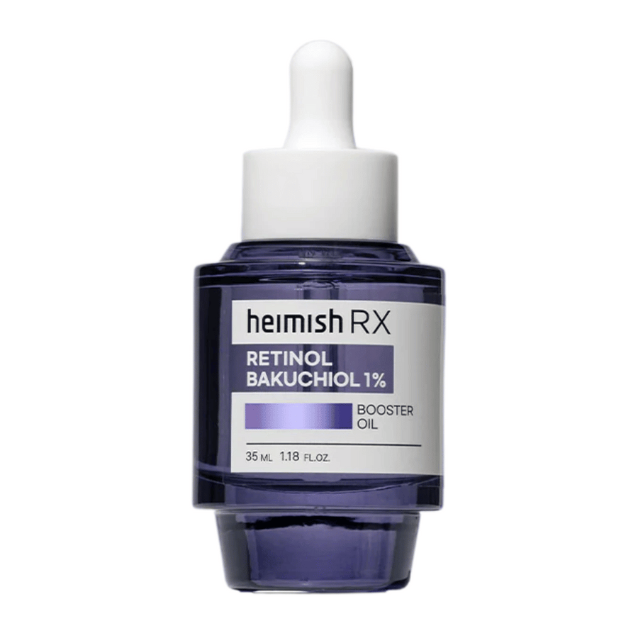 Heimish RX Retinol Bakuchiol Booster Oil dans une élégante bouteille en verre violet avec pipette, conçue pour améliorer l'élasticité de la peau et réduire les ridules.
