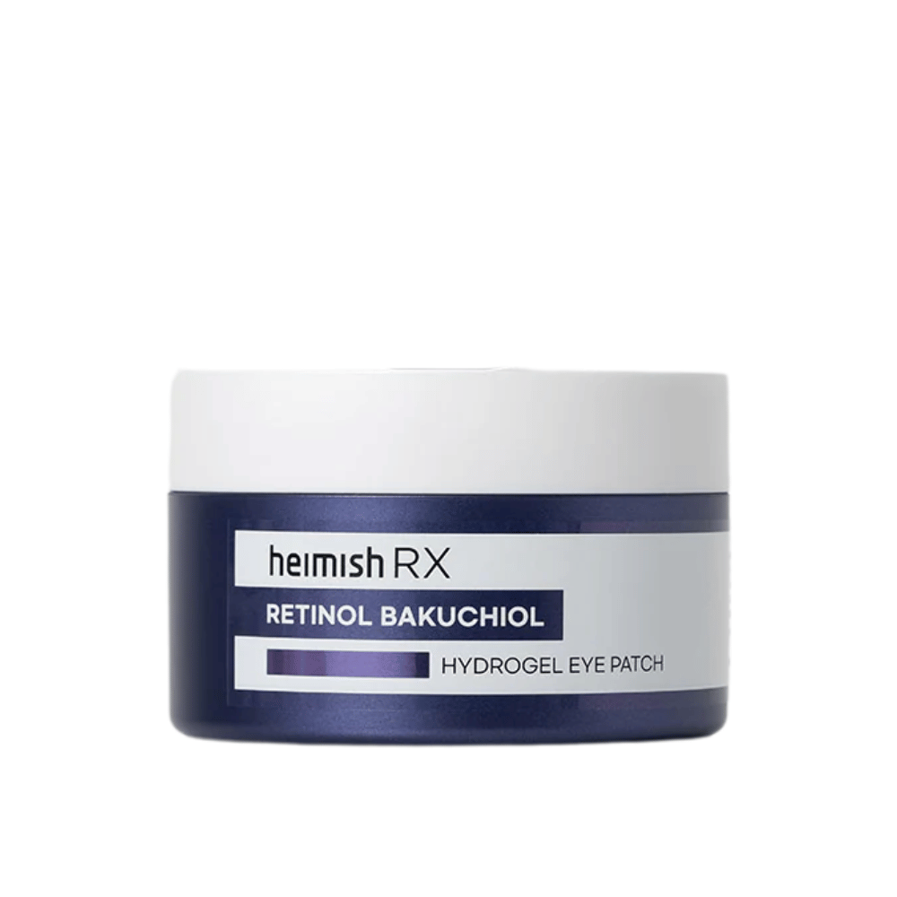 Heimish RX Retinol Bakuchiol Hydrogel Eye Patch dans un pot bleu foncé avec un couvercle blanc. Patchs pour les yeux intensément hydratants et raffermissants pour un look plus jeune.