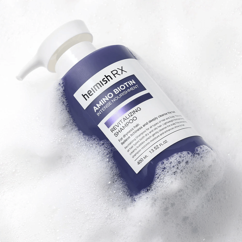 Heimish RX Amino Biotin Revitalizing Shampoo 400 ml en mousse – shampooing nourrissant pour cheveux secs qui nettoie en douceur et hydrate le cuir chevelu.