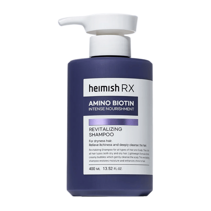Heimish RX Amino Biotin Revitalizing Shampoo 400 ml – shampoo nourrissant pour cheveux secs et ternes, avec de la biotine et des acides aminés pour renforcer et hydrater les cheveux et le cuir chevelu.