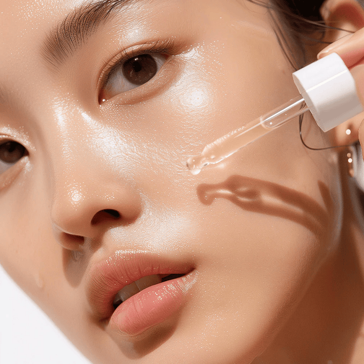 Gros plan d'une personne avec une peau éclatante appliquant Heimish RX Retinol Bakuchiol Booster Oil avec une pipette. L'huile est délicatement déposée sur la joue pour une hydratation et une nutrition intensives.