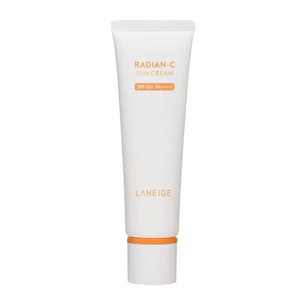 LANEIGE Radian-C Sun Cream SPF 50+ PA++++ dans un tube blanc avec du texte orange, isolé sur un fond blanc.