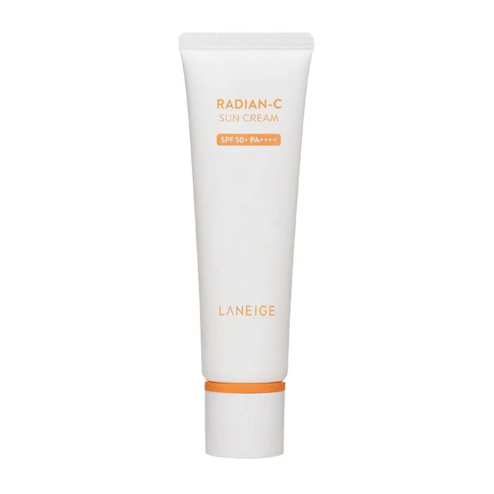 LANEIGE Radian-C Sun Cream SPF 50+ PA++++ dans un tube blanc avec du texte orange, isolé sur un fond blanc.