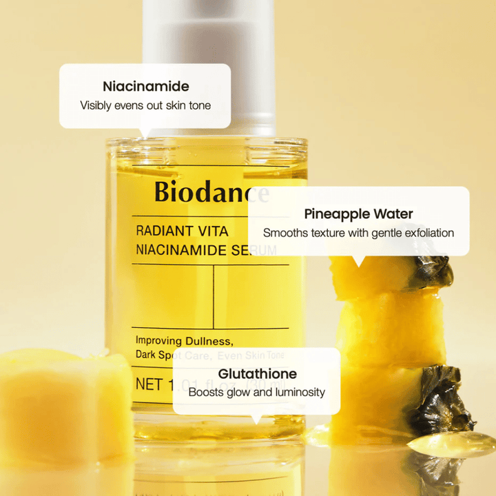 Biodance Radiant Vita Niacinamide Serum avec niacinamide, eau d'ananas et glutathion pour l'éclat, le teint uniforme et une exfoliation douce