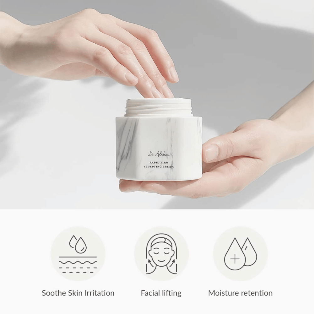 Dr. Althea Rapid Firm Sculpting Cream dans un emballage en marbre élégant. Le produit offre des avantages tels que calmer les irritations de la peau, procurer un lifting du visage et maintenir l'hydratation. Parfait pour renforcer et lifter la peau.