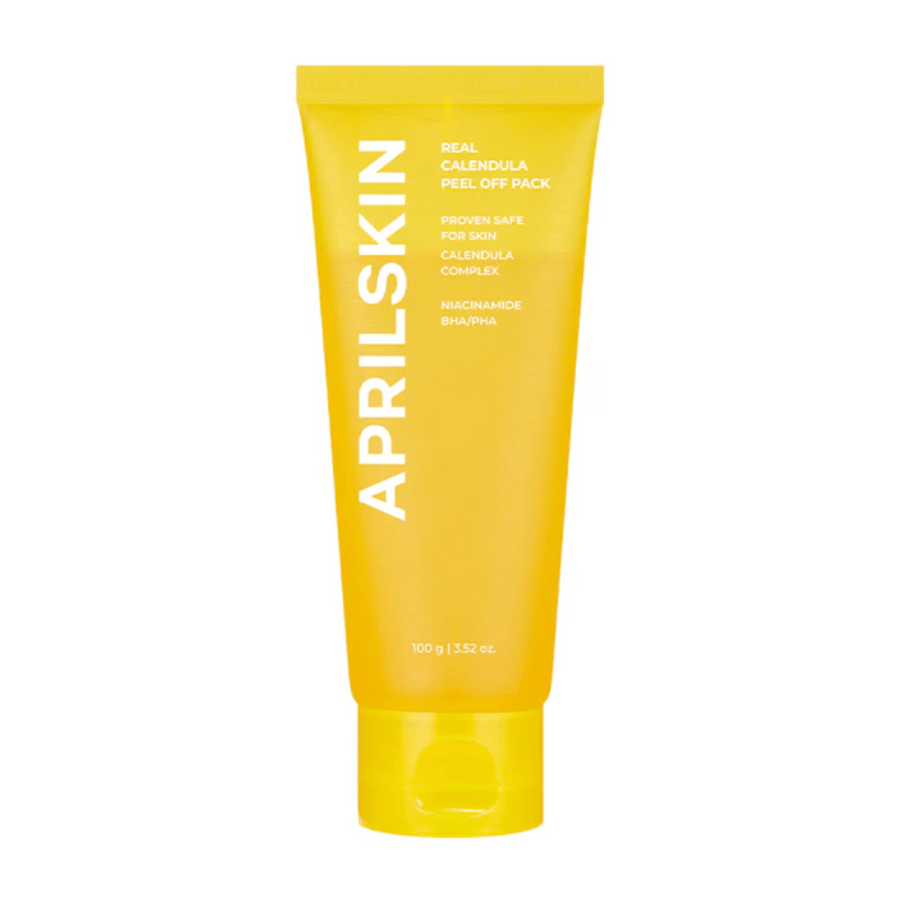 L'image montre un tube jaune avec "Real Calendula Peel Off Pack" de APRILSKIN. Le produit contient des ingrédients tels que le calendula, la niacinamide, ainsi que des BHA et PHA pour exfolier la peau en douceur.