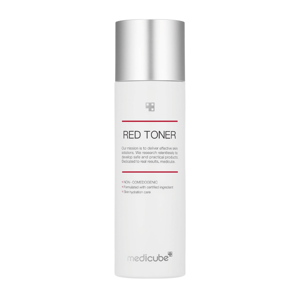 Image du produit de medicube Red Toner – une bouteille blanche avec un bouchon argenté et un design minimaliste, conçue pour les peaux sujettes à l'acné.