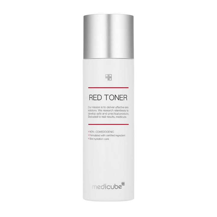 Image du produit de medicube Red Toner – une bouteille blanche avec un bouchon argenté et un design minimaliste, conçue pour les peaux sujettes à l'acné.