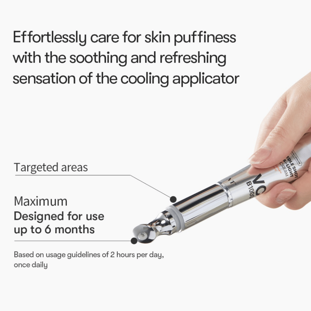 VT Reedle Shot Vita-Light Eye Cream avec un applicateur rafraîchissant qui réduit les gonflements et procure une sensation de fraîcheur lors de l'utilisation autour des yeux.