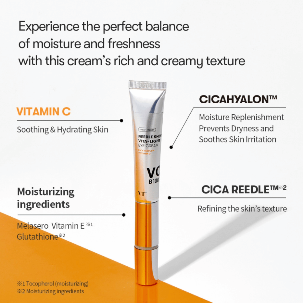 VT Reedle Shot Vita-Light Eye Cream avec vitamines C, E et complexe CICA – crème pour les yeux dans un tube métallique qui hydrate, apaise et améliore la texture de la peau.