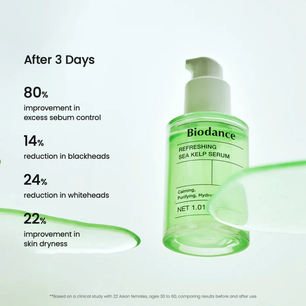 Résultat après 3 jours avec Biodance Sea Kelp Serum – production de sébum réduite et pores diminués.