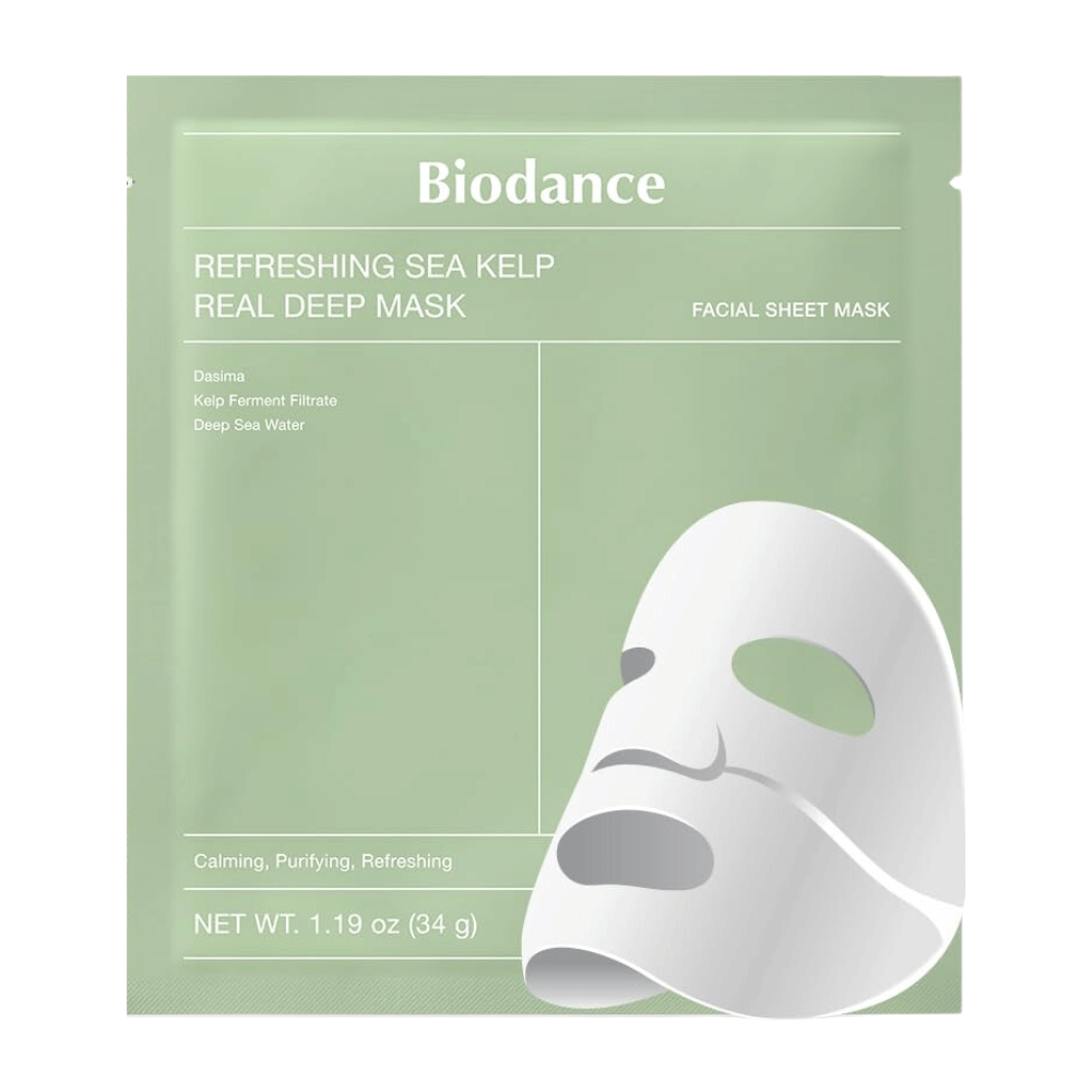 Biodance Refreshing Sea Kelp Real Deep Mask – un masque facial apaisant et hydratant avec des algues fermentées et de l'eau de mer profonde. Nettoie, équilibre et donne à la peau un éclat frais.