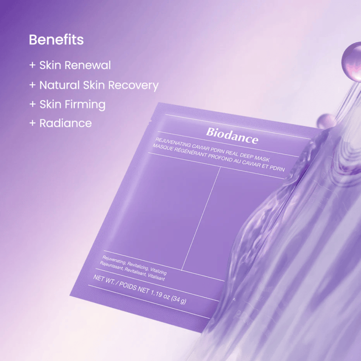Biodance Rejuvenating Caviar PDRN Real Deep Mask sur modèle avec éclat naturel et glow visible après utilisation