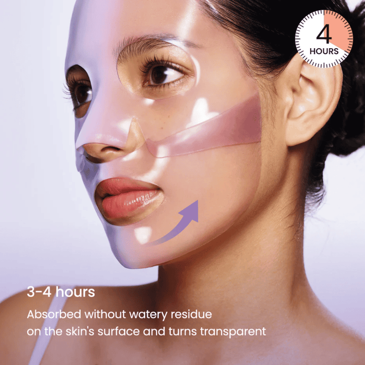 Biodance Rejuvenating Caviar PDRN Real Deep Mask appliqué sur le visage – masque gel qui est absorbé et devient transparent après 3–4 heures