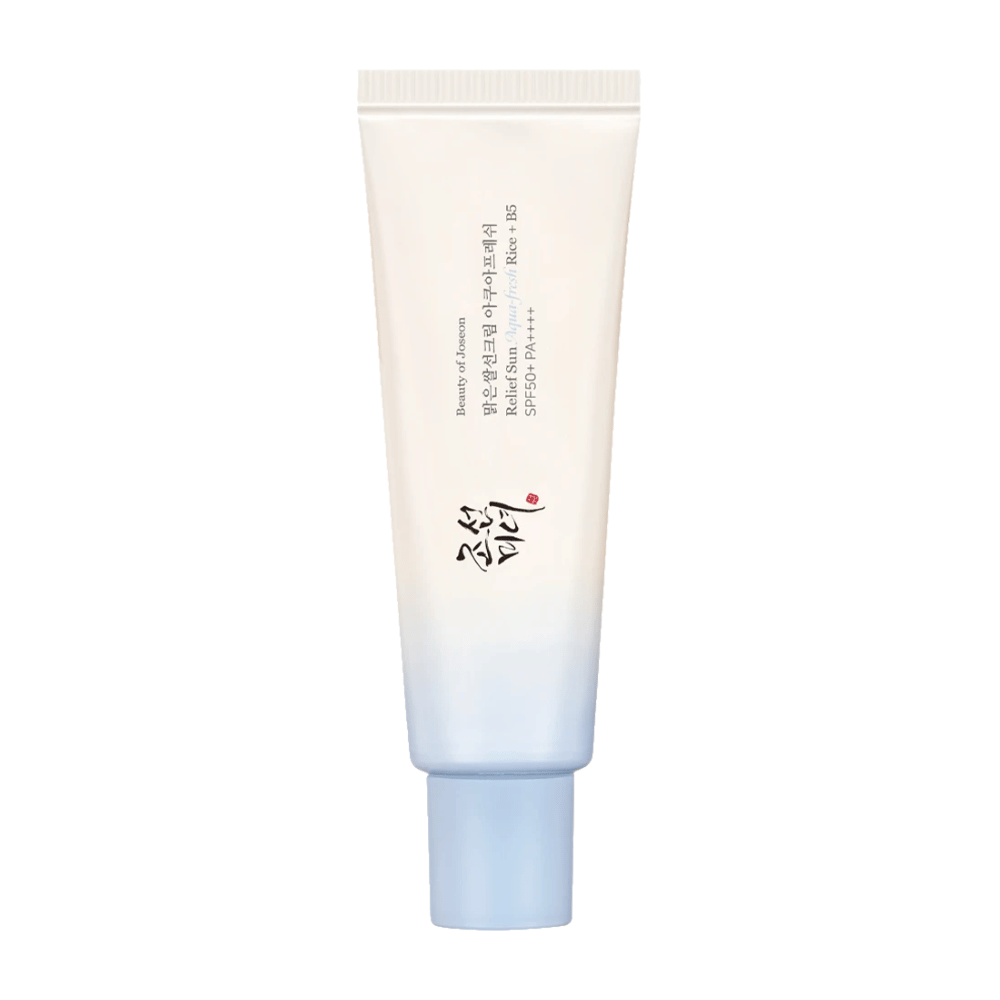 Beauty of Joseon Relief Sun : Aqua-Fresh Rice + B5, crème solaire avec SPF 50+ PA++++. Une formule légère et hydratante qui protège la peau contre les rayons UV tout en la nourrissant avec de l'extrait de riz et de la vitamine B5.