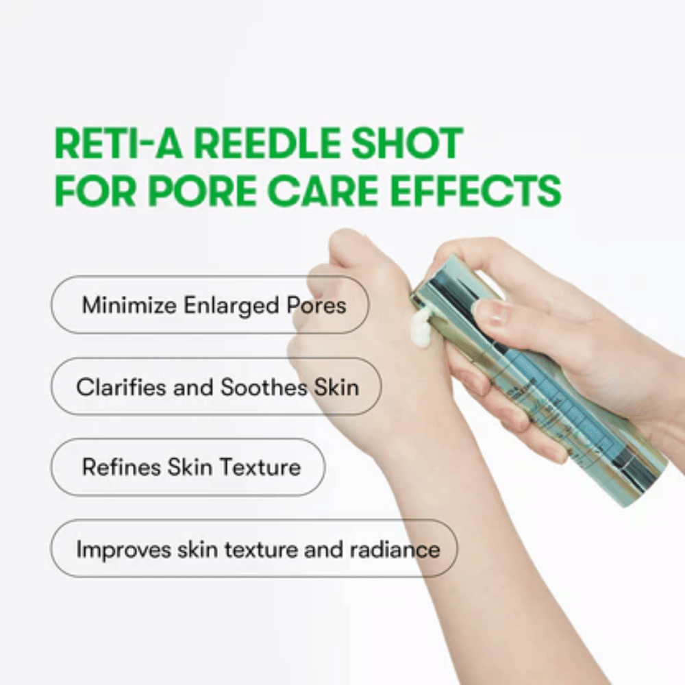 VT Reti-A Reedle Shot appliqué sur la main, montrant la texture du sérum et son effet pour minimiser les pores, apaiser la peau et améliorer l'éclat de la peau.