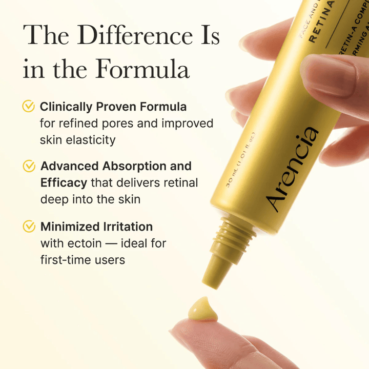 Gros plan sur Arencia Retinal Booster Shot montrant la formule et les avantages comme l'effet cliniquement prouvé, l'absorption améliorée et l'irritation minimisée.