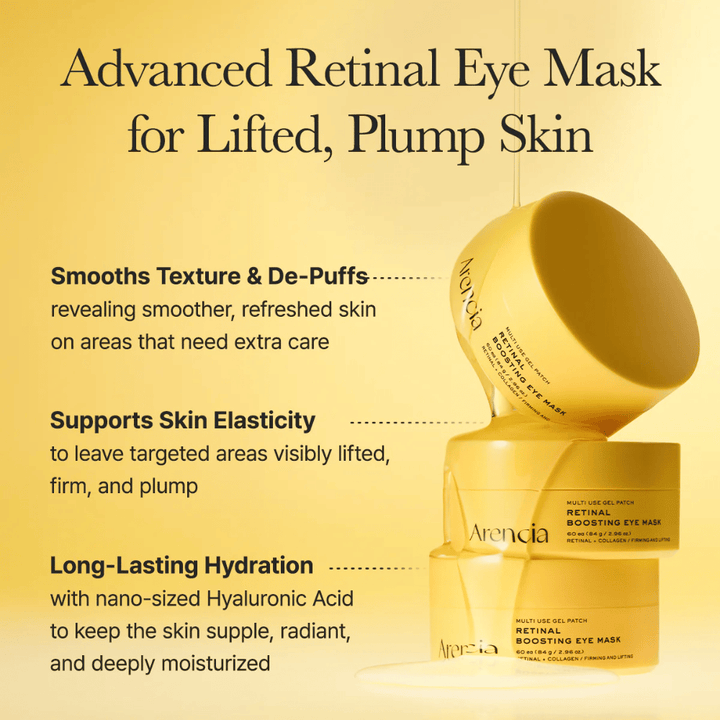 Image promotionnelle pour le masque contour des yeux au rétinal décrivant des bienfaits tels qu’une peau plus ferme, une diminution des poches, une élasticité améliorée et une hydratation profonde pour les zones nécessitant un soin supplémentaire.