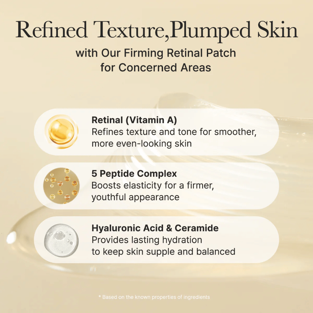 Aperçu des ingrédients mettant en avant le rétinal (vitamine A), le complexe de peptides, l’acide hyaluronique et les céramides pour une texture de peau améliorée, une élasticité accrue et une hydratation longue durée.