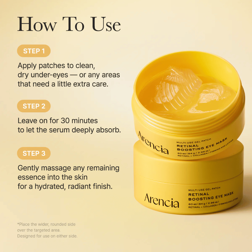 Image d’instructions pour Arencia Retinal Boosting Eye Mask avec guide étape par étape. Les patchs s’appliquent sur une peau propre et sèche, se laissent poser environ 30 minutes, puis l’essence restante est massée pour une hydratation et un éclat supplémentaires.