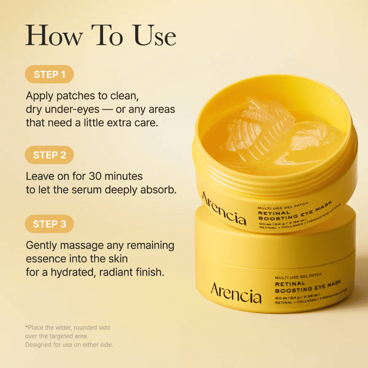 Image d’instructions pour Arencia Retinal Boosting Eye Mask avec guide étape par étape. Les patchs s’appliquent sur une peau propre et sèche, se laissent poser environ 30 minutes, puis l’essence restante est massée pour une hydratation et un éclat supplémentaires.