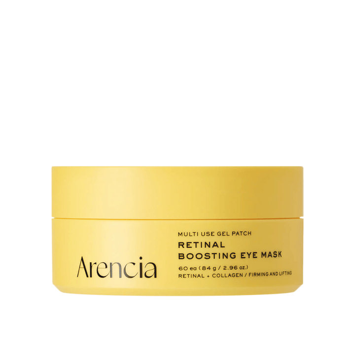 Image produit épurée de Arencia Retinal Boosting Eye Mask dans un emballage jaune au design minimaliste, mettant l’accent sur un soin contour des yeux raffermissant et hydratant.