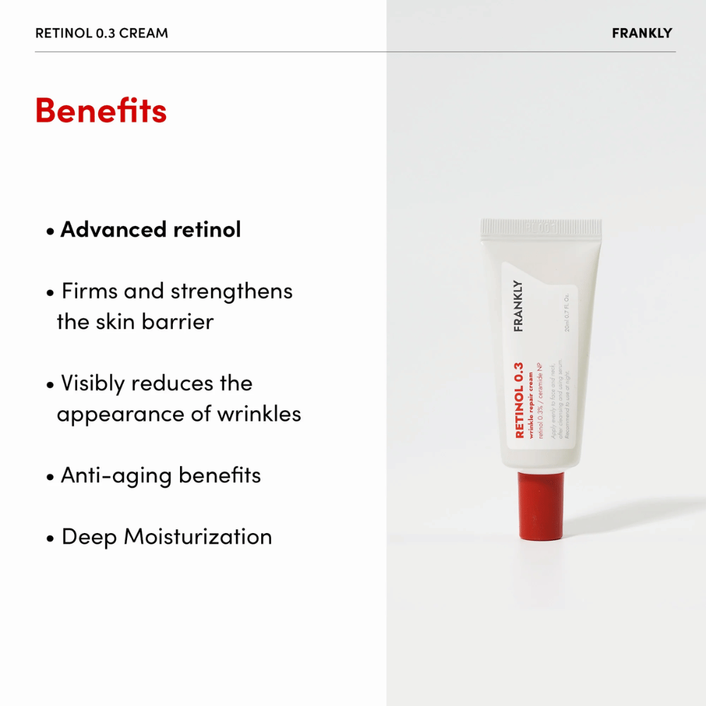 Image produit de FRANKLY Retinol 0.3 Cream avec Avantages : rétinol avancé listé, renforce la barrière cutanée et hydrate en profondeur.