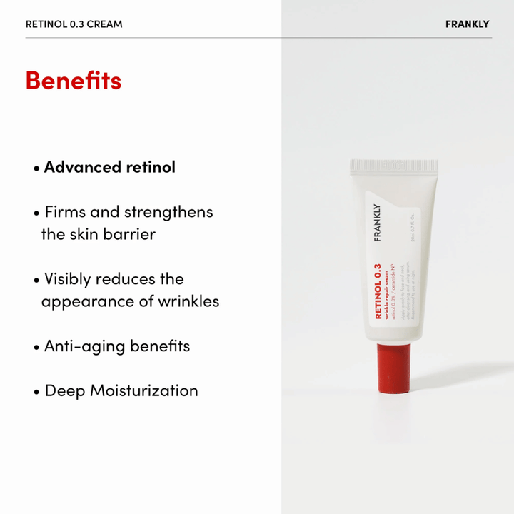 Image produit de FRANKLY Retinol 0.3 Cream avec Avantages : rétinol avancé listé, renforce la barrière cutanée et hydrate en profondeur.