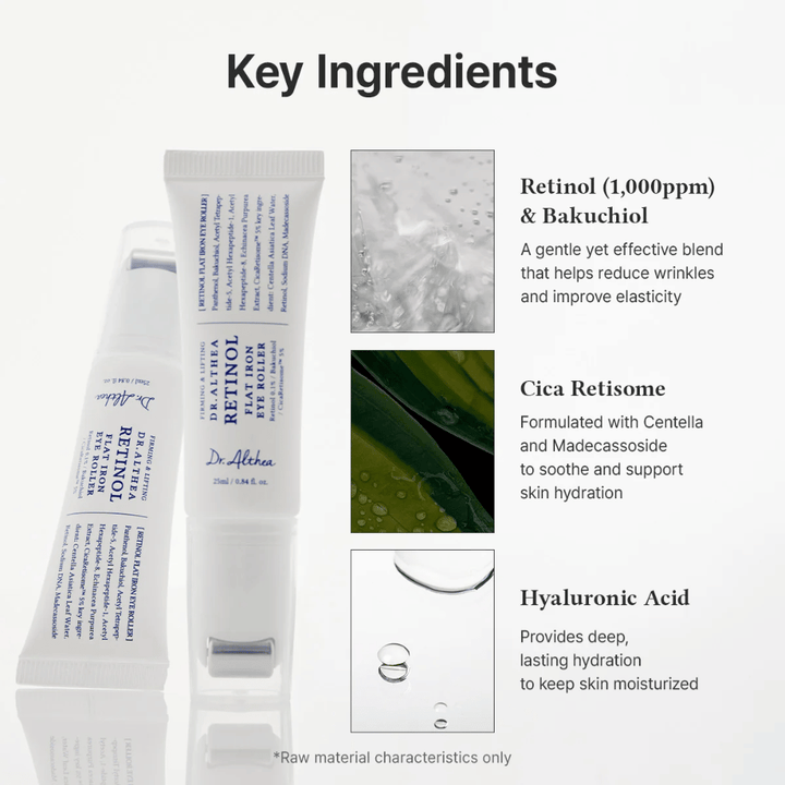 Dr. Althea Retinol Flat Iron Eye Roller avec rétinol, bakuchiol, cica et acide hyaluronique qui hydrate, apaise et réduit les rides.