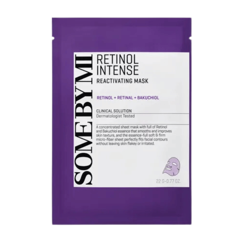 L'image montre un emballage de "Retinol Intense Reactivating Mask", un produit de soin de la peau qui contient du rétinol, du rétinal et du bakuchiol. Le masque est testé dermatologiquement.