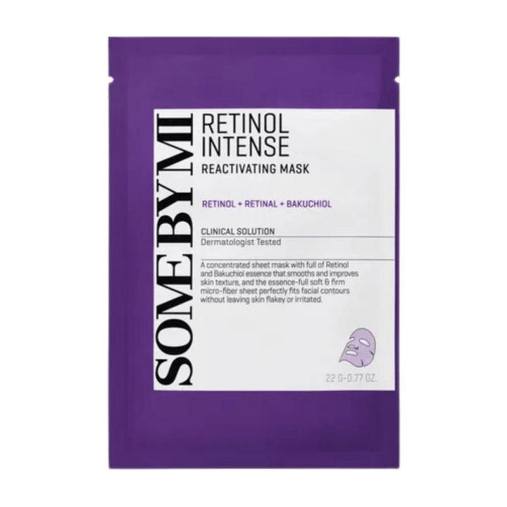 L'image montre un emballage de "Retinol Intense Reactivating Mask", un produit de soin de la peau qui contient du rétinol, du rétinal et du bakuchiol. Le masque est testé dermatologiquement.
