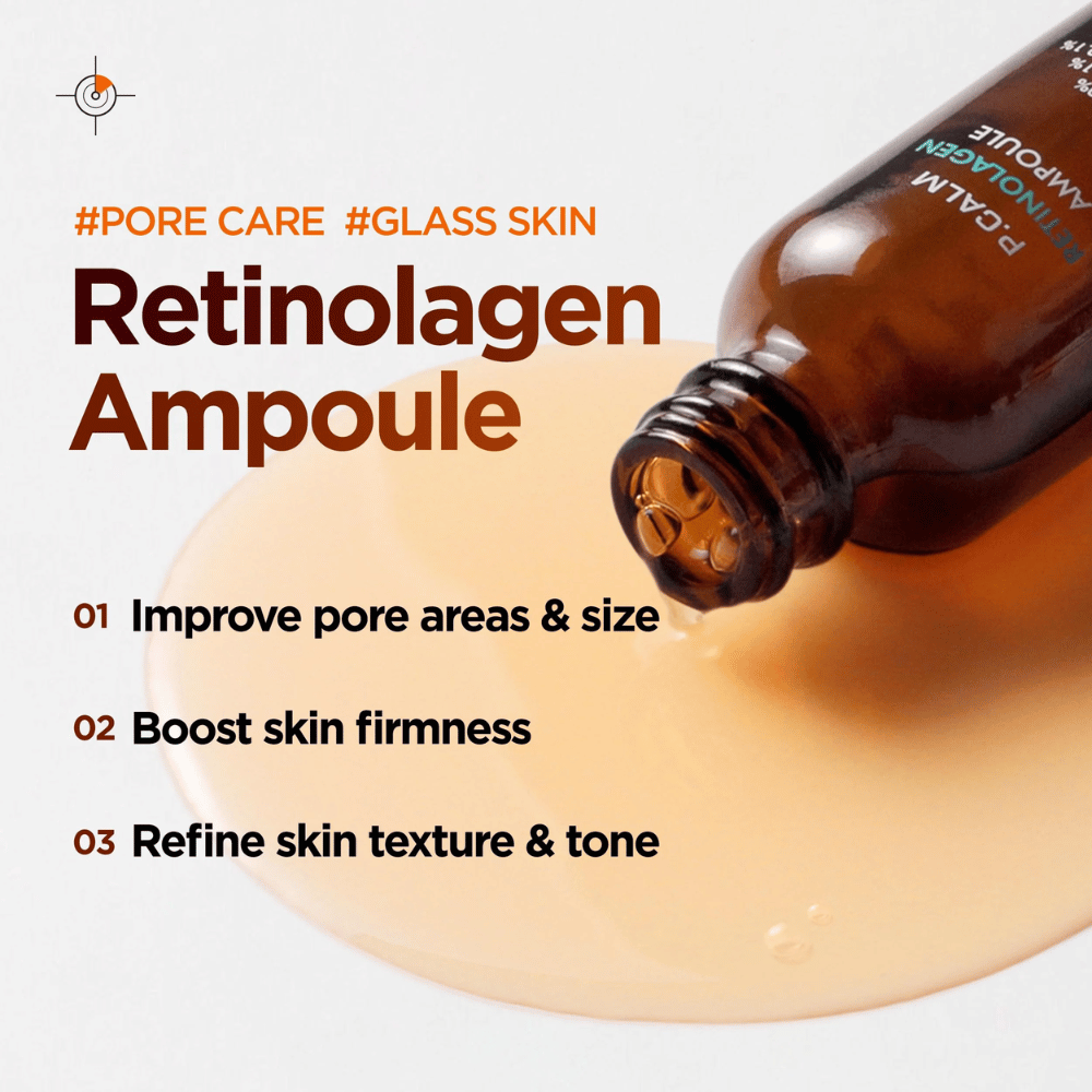 Image marketing pour P.CALM Retinolagen Ampoule avec du sérum s’écoulant du flacon sur une texture de sérum dorée. L’image met en avant des bénéfices tels qu’une amélioration de la taille des pores, une fermeté accrue de la peau et un teint plus uniforme.