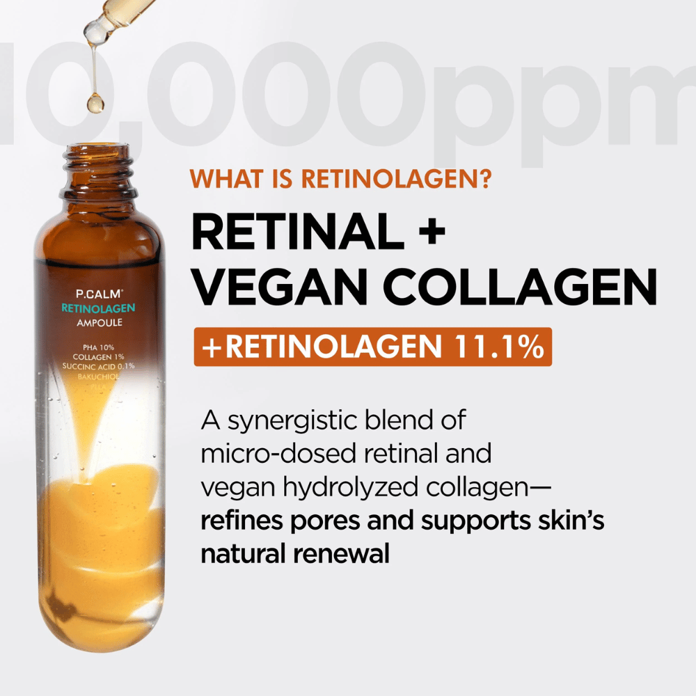 Image produit de P.CALM Retinolagen Ampoule accompagnée d’informations sur « Retinolagen », une combinaison de rétinal et de collagène végan. L’image souligne le renouvellement de la peau, l’amélioration de la texture cutanée et l’affinement des pores.