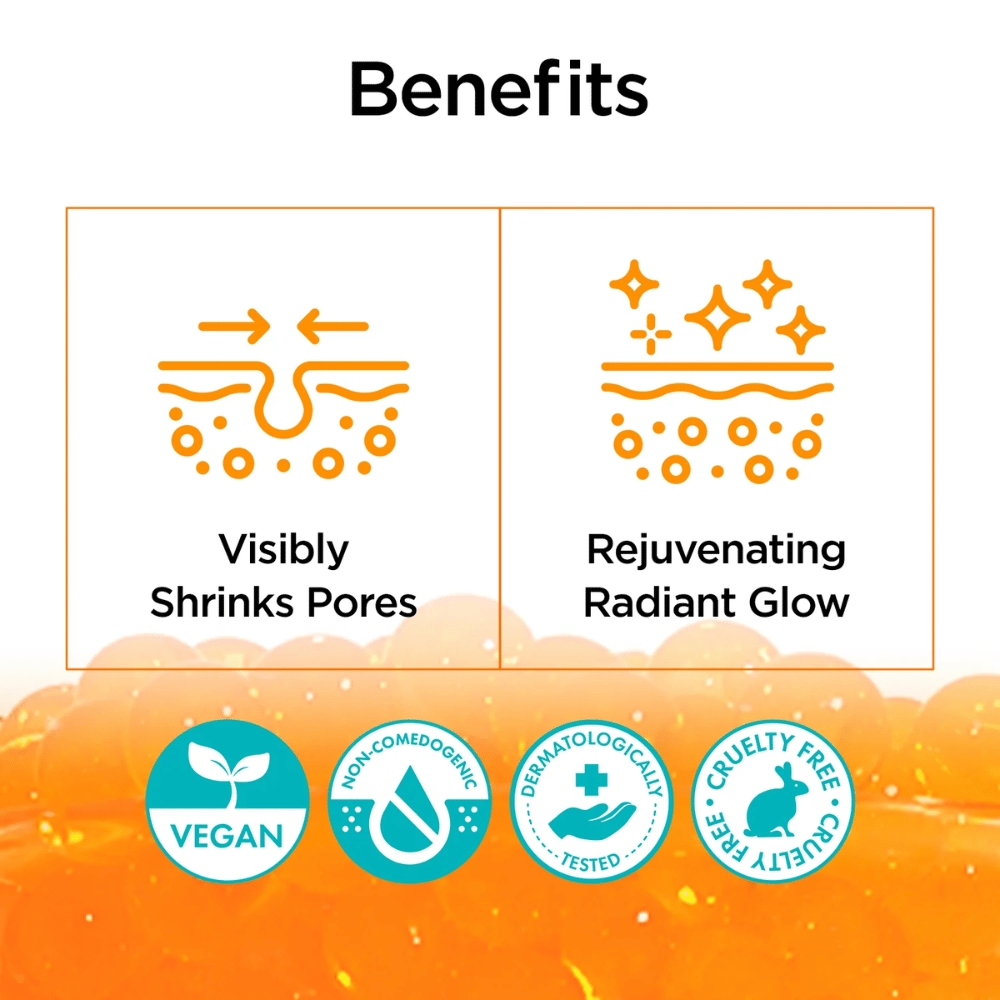 Image informative mettant en avant les bénéfices de P.CALM Retinolagen Ampoule. L’accent est mis sur la réduction visible des pores et sur un éclat plus revitalisé de la peau. Les icônes indiquent également que le produit est végan, non comédogène, testé dermatologiquement et cruelty-free.