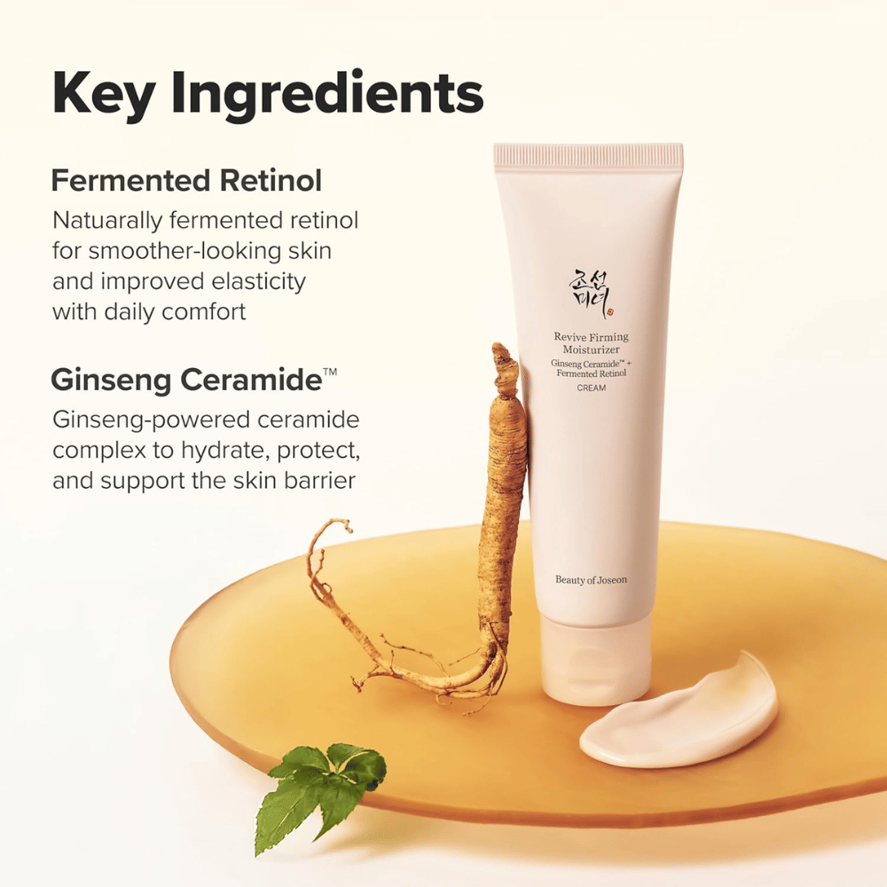 Image – ingrédients (SEO + EEAT)
Beauty of Joseon Revive Firming Moisturizer avec des céramides de ginseng et du rétinol fermenté qui renforcent la barrière cutanée et améliorent l’élasticité de la peau.