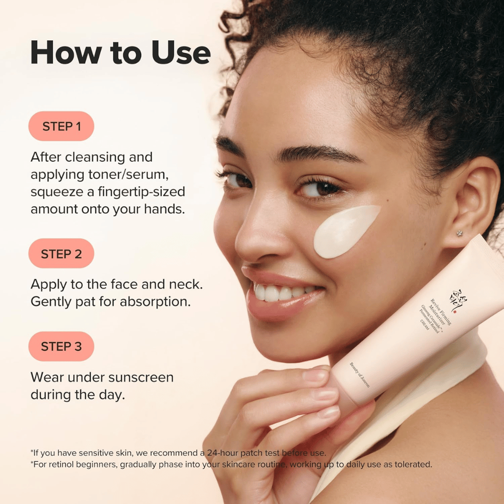 Image – comment utiliser / application
Beauty of Joseon Revive Firming Moisturizer s’applique sur le visage après le nettoyage, hydrate la peau et améliore l’élasticité grâce au rétinol.