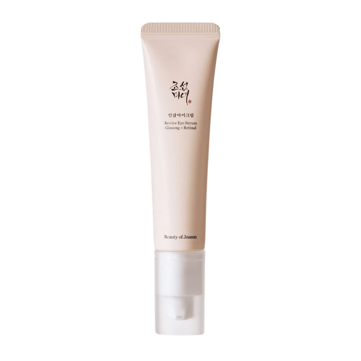 Beauty of Joseon Revive Eye Serum Ginseng + Rétinal dans un tube beige – sérum pour les yeux coréen qui réduit les ridules et renforce la peau autour des yeux.