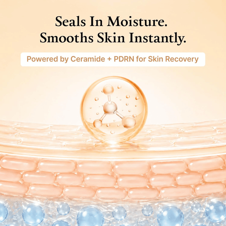 Image illustrative de soin de la peau qui visualise l’hydratation et le soutien de la barrière cutanée avec des céramides et PDRN. Le design symbolise la manière dont la formule aide la peau à retenir l’humidité et à offrir une sensation de peau plus douce et plus uniforme.