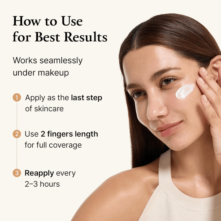 Guide d’utilisation où un modèle applique la crème solaire sur la peau. L’image explique comment utiliser le produit pour obtenir les meilleurs résultats et souligne qu’il fonctionne bien sous le maquillage ainsi qu’il doit être réappliqué au cours de la journée pour une protection optimale.